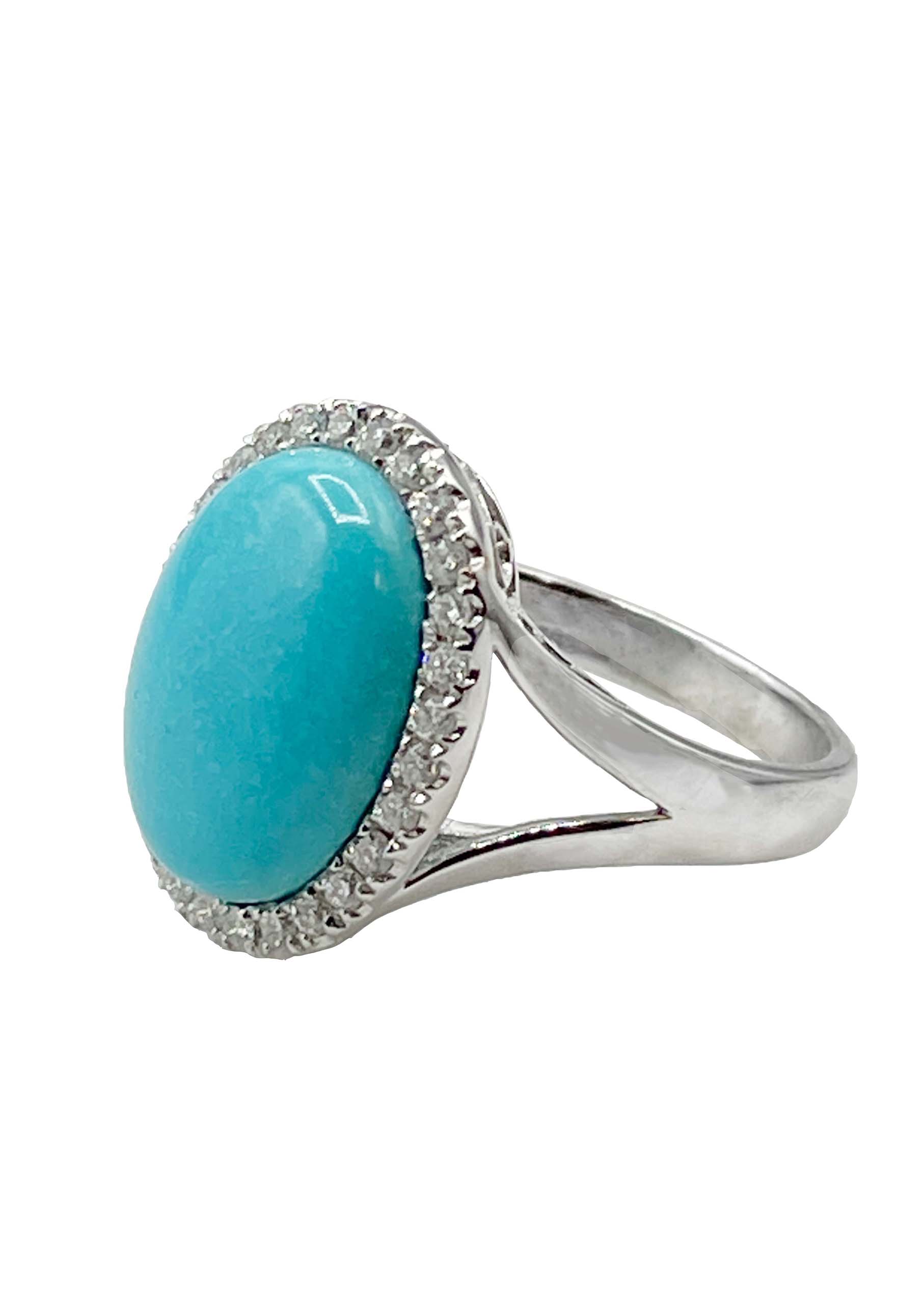 14K WHITE GOLD Smooth OVAL TURQUOISE RING WITH DIAMONDS Image